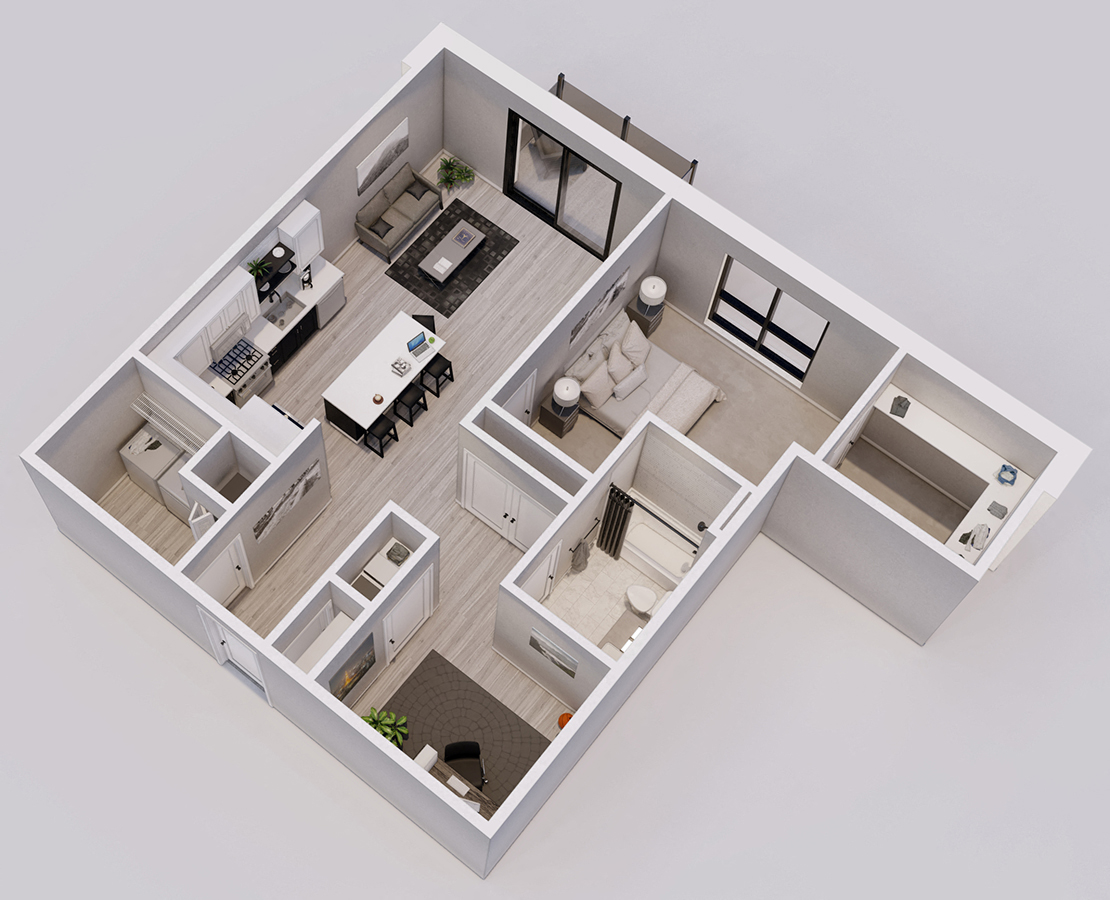 Floor plan for 1 bed, 1 bath, 873 sqft